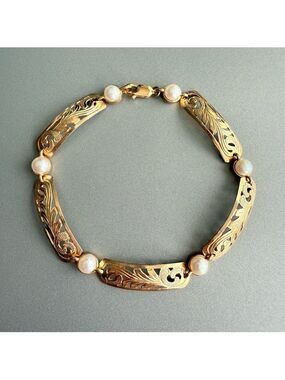 14k Yellow Gold White Pearl Scroll Panel Open Work Bracelet With Apprais…